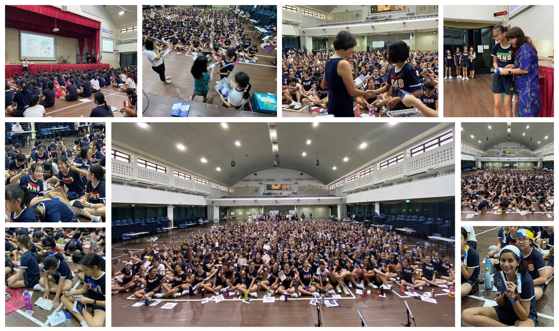 A large group of students in navy uniforms sit on a hall floor during a school assembly event, shown in multiple photo collage views.